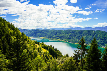 View of the surrounding landscape from the Gerlitzen Alpe. Nature on the Gerlitzen mountain in Carinthia near the Nockberge mountains.
