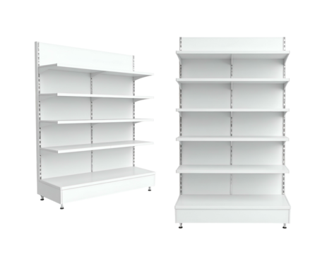 Two clean, white retail shelves, angled and frontal view, against black background