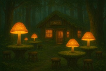 Enchanted forest café with glowing mushroom lights