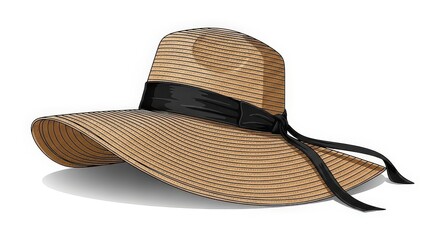 An elegant wide-brimmed straw sun hat with a black ribbon band, isolated on a white background.
