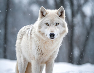 Obraz premium a white wolf in the snow, white wolf in winter, white wolf in winter forest