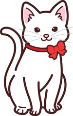 Simple and adorable Christmas white cat illustration outlined