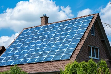 Fototapeta premium Solar panels installed on a house roof under blue sky