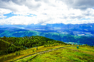 View of the surrounding landscape from the Gerlitzen Alpe. Nature on the Gerlitzen mountain in Carinthia near the Nockberge mountains.
