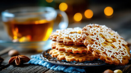 Halloween cookie decorating with lace pattern cookies stacked on plate near cup of tea creating cozy festive atmosphere with warm lights glowing
