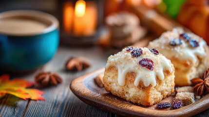 Halloween cookie decorating with creamy icing and dried cranberry topping on wooden plate near warm candle and coffee cup