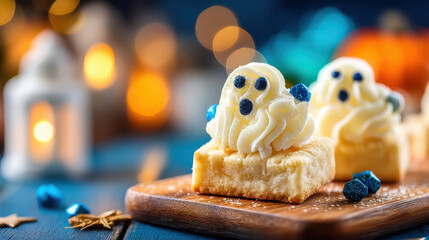 Halloween cookie decorating with ghost shaped frosting on square cookie with blue candy and warm glowing background