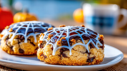 Halloween cookie decorating with spider web icing on chocolate chip cookie creates festive and delicious treat for autumn celebration