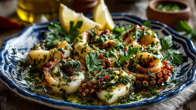 Savoring calamars a lail et au with vibrant herbs and spices