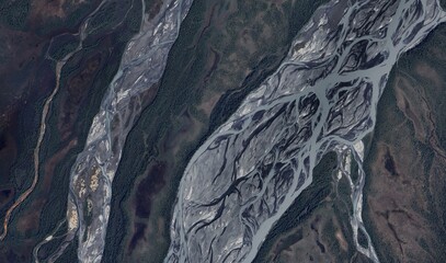 Alaskan Braided River System: High-Resolution Aerial View of Glacial Meltwater Flow and Wild Tundra Landscape
