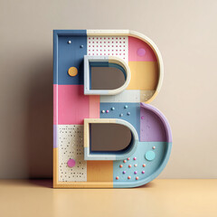 Colorful, large, wooden letter B with minimal design, featuring various shapes and textures, evokes creativity and playfulness
