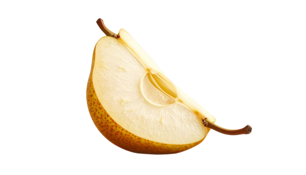 Sliced ripe pear shows interior texture, stems, and seed section