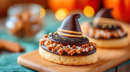 Halloween cookie decorating with chocolate witch hat and caramel frosting on wooden board creating festive treat