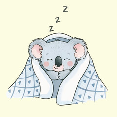 Cute Sleeping Koala Wrapped in Blanket Watercolor Illustration