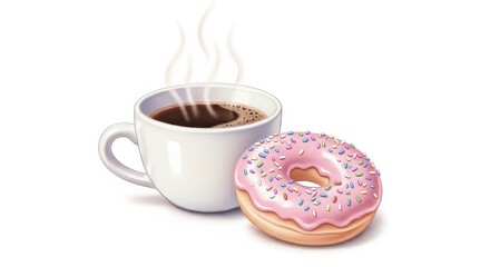 A steaming cup of hot coffee next to a delicious pink frosted donut with sprinkles.