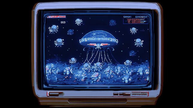 8 Bit Alien. Close Up Screen of Retro TV Set with Eighties Inspired Console Arcade Video Game