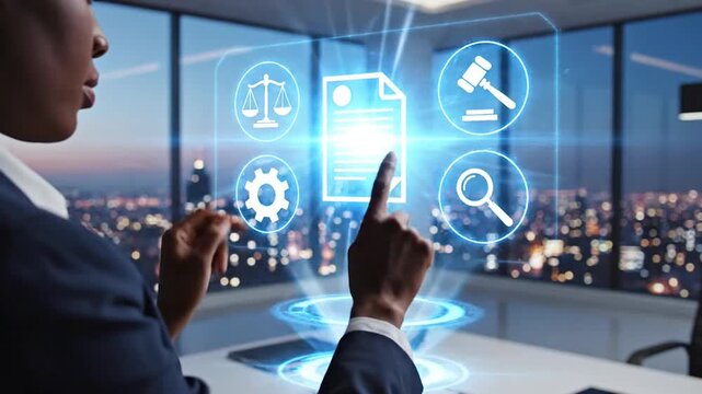 young businesswoman touching virtual screen