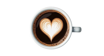 Overhead shot of a cup of coffee with a heart-shaped latte art design in the foam, set against a white background.