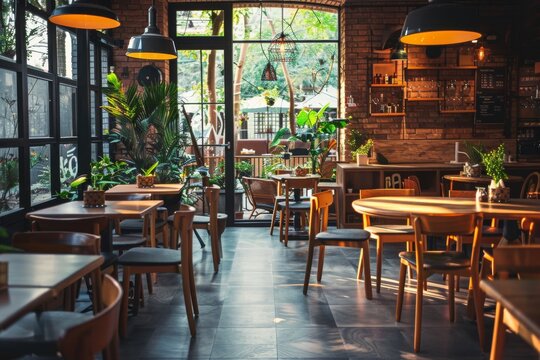 Cozy cafe interior with plants and wooden furniture