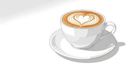A beautiful latte with a heart shape design on top, served in a white cup and saucer.