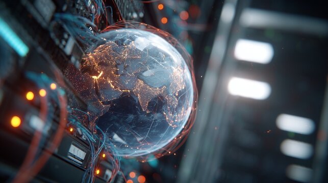 The Earth is illuminated by networks as the Earth connects through digital pathways. Magical light surrounds the Earth, emerging from data systems.