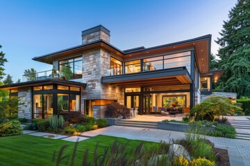 Obraz premium Modern house exterior with landscaped garden at dusk