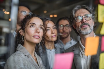 Business team analyzing colorful sticky notes on a glass wall during a meeting.