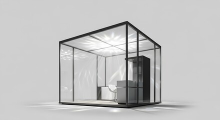 Showcase your brand with this modern, minimalist glass exhibition booth design for a sophisticated and professional presentation at your next event