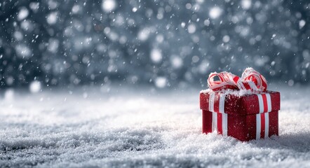 Year End Giving. Christmas Presents in a Snowy Winter Wonderland