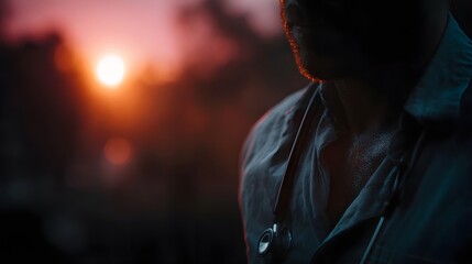 Obraz premium A doctor s silhouette wearing a stethoscope against a dramatic colorful sunset evoking a mood of dedication and resilience in their vital work