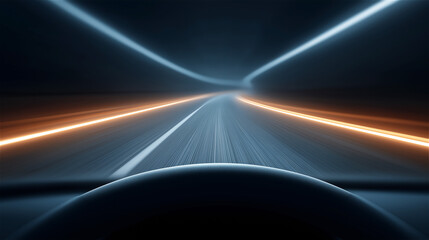 Abstract motion blur of road lines at night, symbolizing speed, technology and futuristic travel with blue and orange light trails.