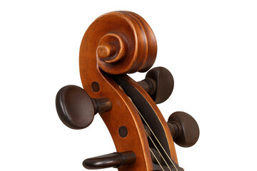 Cello scroll head with tuning pegs and strings