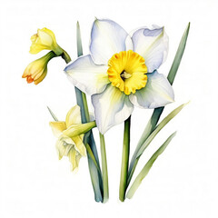 A beautiful spring flower, narcissus. Happy Easter. watercolor drawing. artificial intelligence generator, AI, neural network image. background for the design