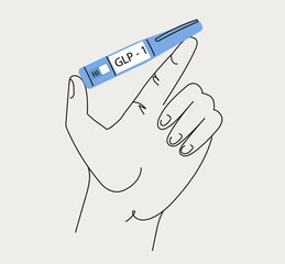 Human hand with GLP 1 injection pen. Hormone syringes. Vector line art illustration
