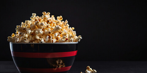 A large bowl of fresh buttered popcorn on a dark background with dramatic lighting and scattered pieces