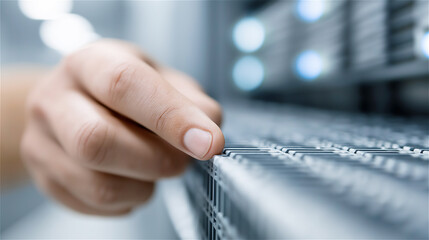 Close-up of technician connecting network cables in data center, concept of technology, communication and digital infrastructure.