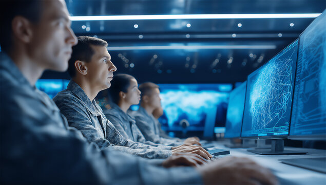 Group of people in control center working with multiple monitors, concept of cyber defense, security and digital communication.