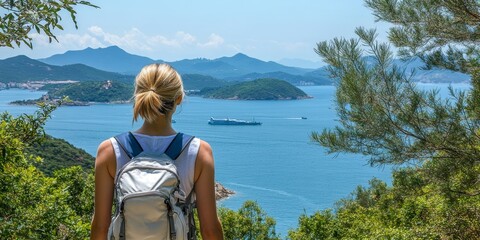 Fototapeta premium Female Hiker with Backpack Enjoying Coastal Views, Embracing Nature s Beauty and Adventure Outdoors