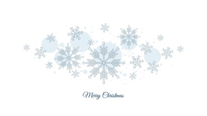 Blue snowflakes winter landscape with merry christmas typography, horizontal vector greeting card, banner.