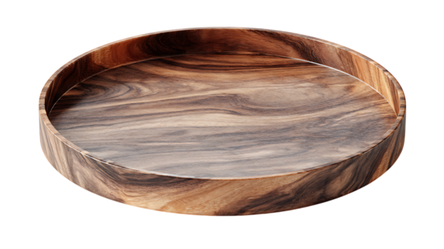 Round acacia wood serving tray isolated on transparent background