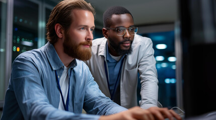 Two tech professionals collaborating in server room IT teamwork data center collaboration tech partnership server management IT cooperation technology team infrastructure