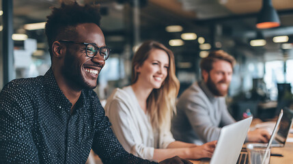 Diverse Business Team Collaborating in a Modern Office Space with Laptops and Digital Devices