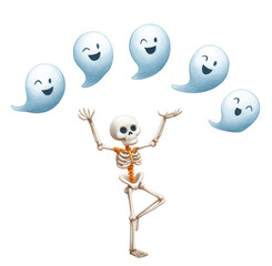 A playful skeleton juggles cheerful ghosts, creating a whimsical and spirited scene.