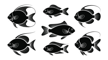 Vector illustration set of diverse black silhouette fish icons scalable for graphic design projects vector illustration white background