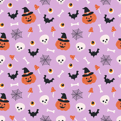 Halloween seamless pattern. Cute background for Halloween party fabric or kids stuff. Pumpkin, scull, mushroom, spider, witch hat etc in cartoon flat style. Vector illustration	