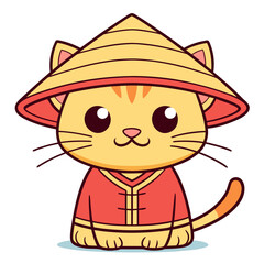 Cute cartoon cat wearing a traditional conical hat and outfit, perfect for Asian-themed designs
