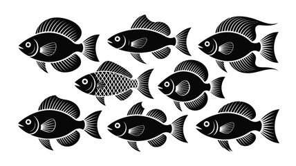 Collection of six stylized black fish vector illustrations for aquatic themes and design projects vector illustration white background