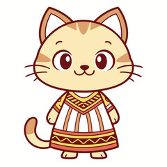 Charming animal character illustration of an adorable cartoon cat wearing a unique ethnic patterned dress, depicted in a friendly and playful style on a clean background
