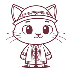 Adorable cartoon cat character in traditional patterned attire, with a distinctive hat and tunic, rendered in clean line art, perfect for coloring and cultural-themed designs
