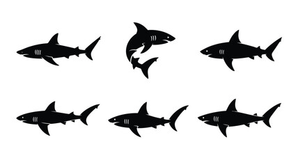Six silhouette vector illustrations of sharks in various dynamic poses scalable eps graphic for marine themes vector illustration white background